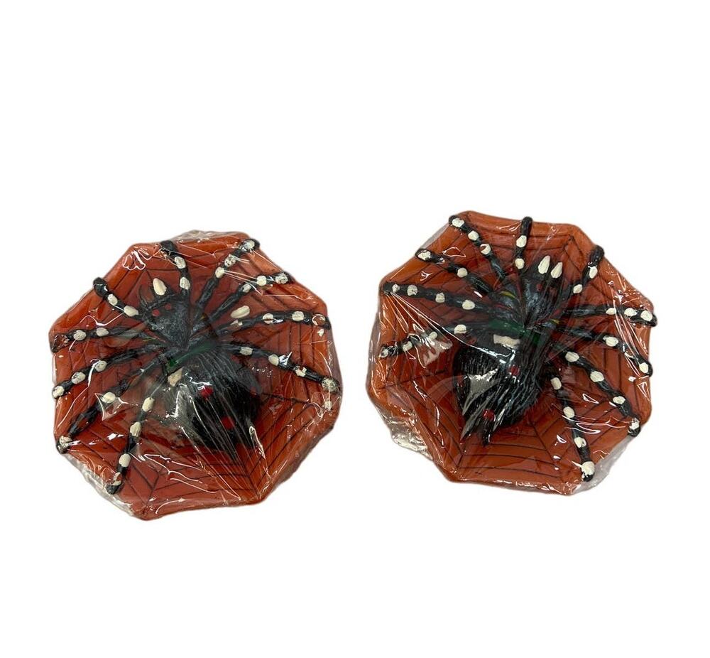 Vintage Halloween Candles 2pc Black Spider Orange Web Hand Painted Robert Alan